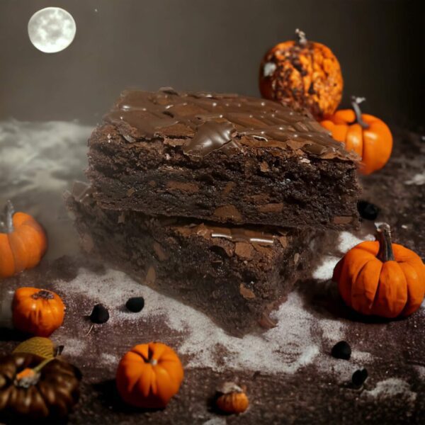 A brownie sitting on top of a table next to pumpkins.