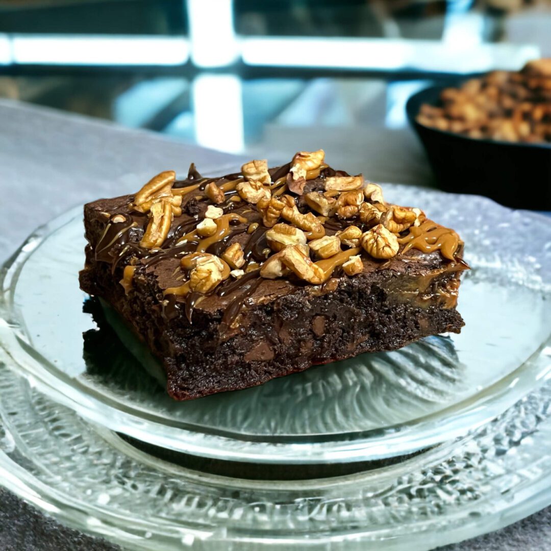 A plate with brownies on it sitting on top of a table.