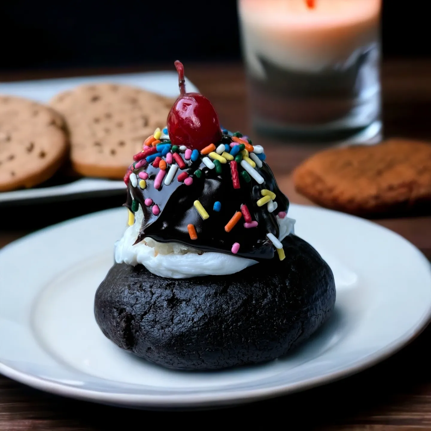 A chocolate covered cookie with whipped cream and cherries on top.