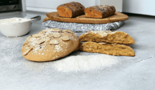 A close up of some bread on the counter