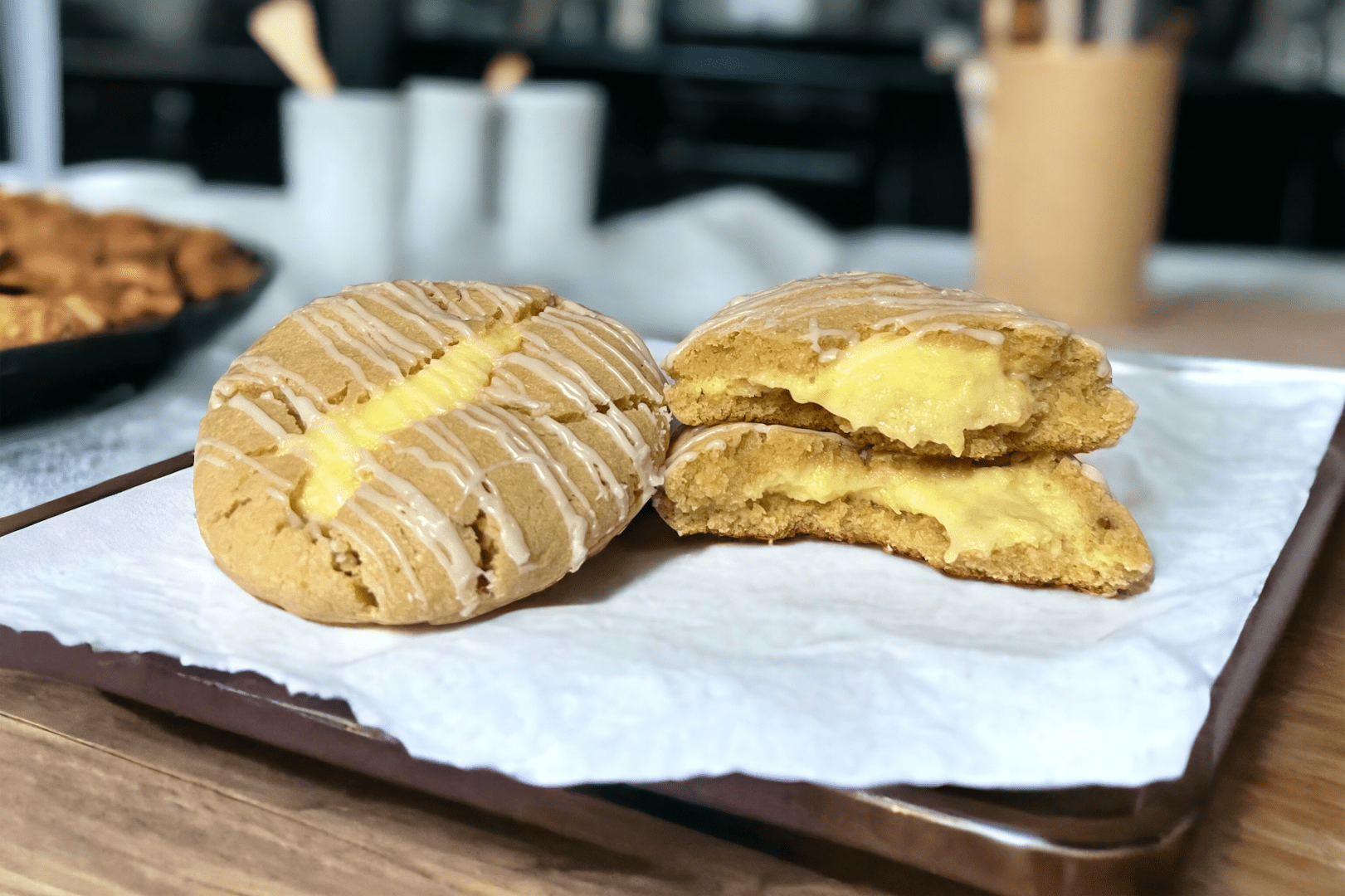 A close up of two pastries on a table